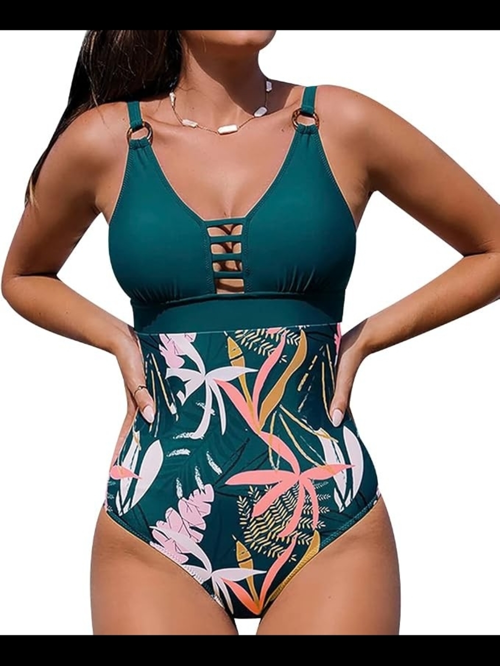 Deep Teal Tropical One-Piece Swimsuit with Strappy V Detail